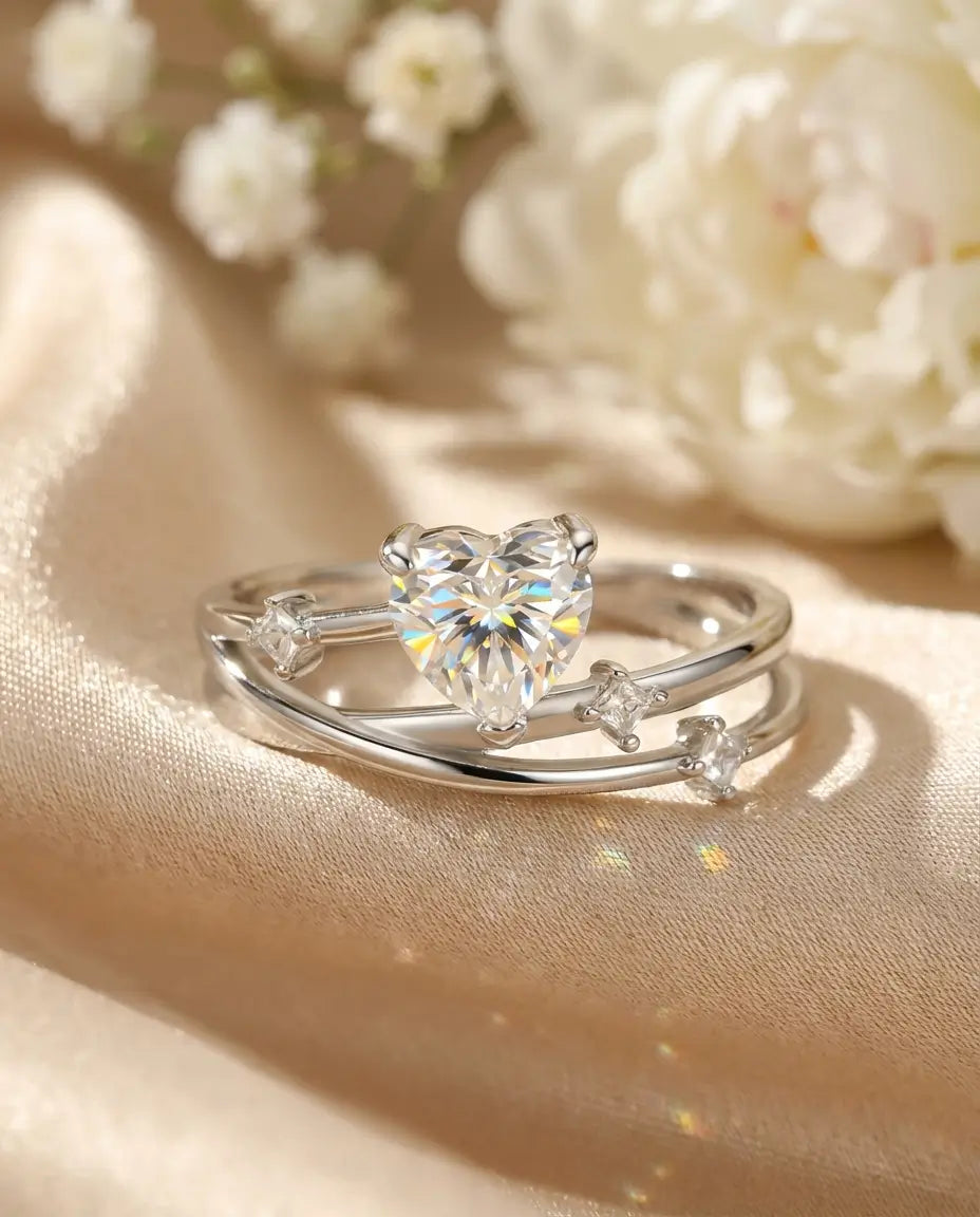 0.8ct Heart Cut Moissanite Ring - Multi-Layer Cross-Over Band in Sterling Silver - IfShe AU