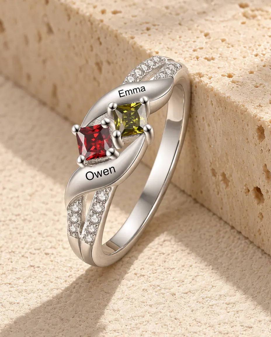 Personalised 2 Name Birthstone Ring - Sterling Silver Promise Ring for Couples or Mum With Two Engraved Names and Simulated Birthstones