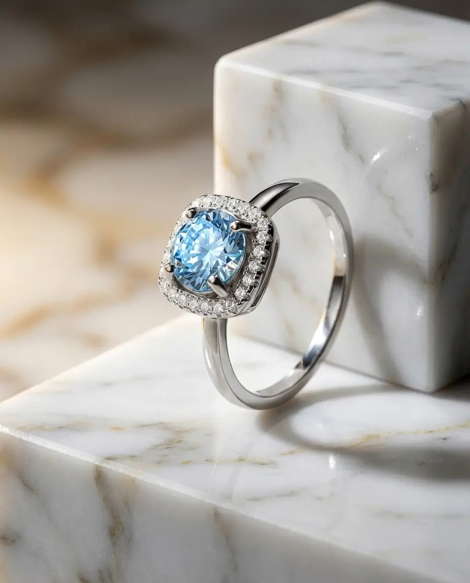 Classic Halo Sea Blue Moissanite Ring - 1 Carat VVS1 in 925 Sterling Silver IfShe AU