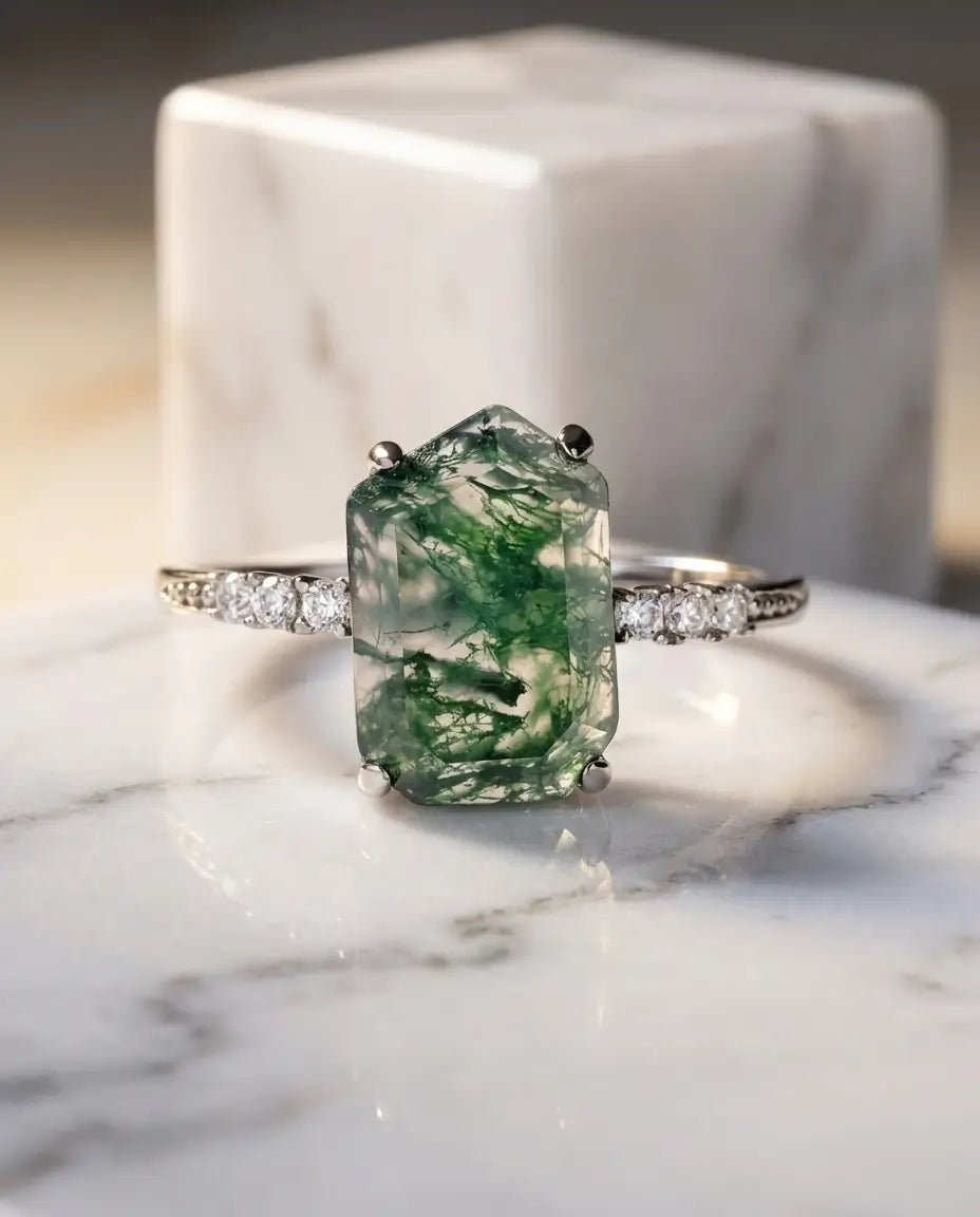 Emerald-Cut Moss Agate Adjustable Ring - White Gold Plated Open Band IfShe AU