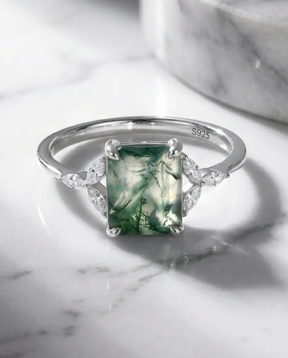 Emerald Cut Moss Agate Ring - Vintage Leaf Design in Sterling Silver IfShe AU
