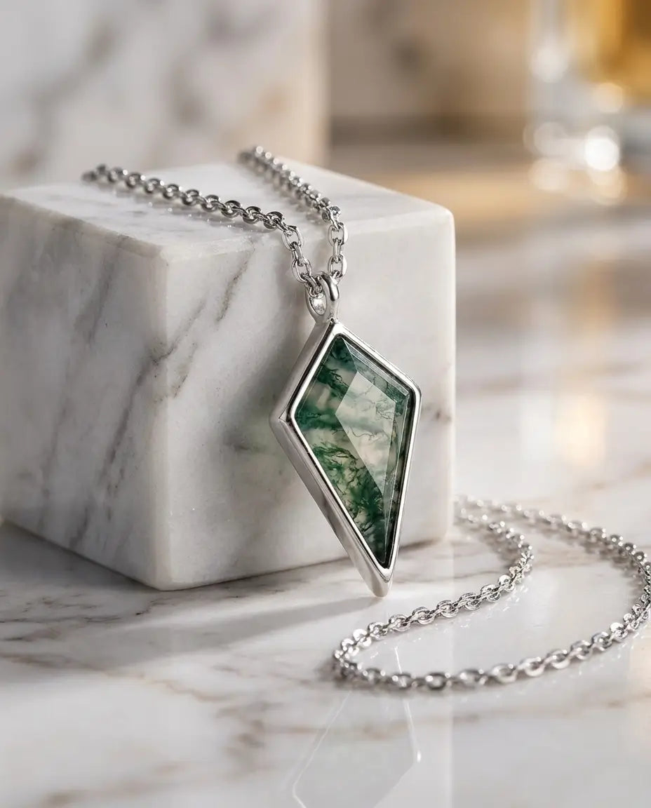 Geometric Kite Moss Agate Necklace - Sterling Silver Rhombus Pendant IfShe AU