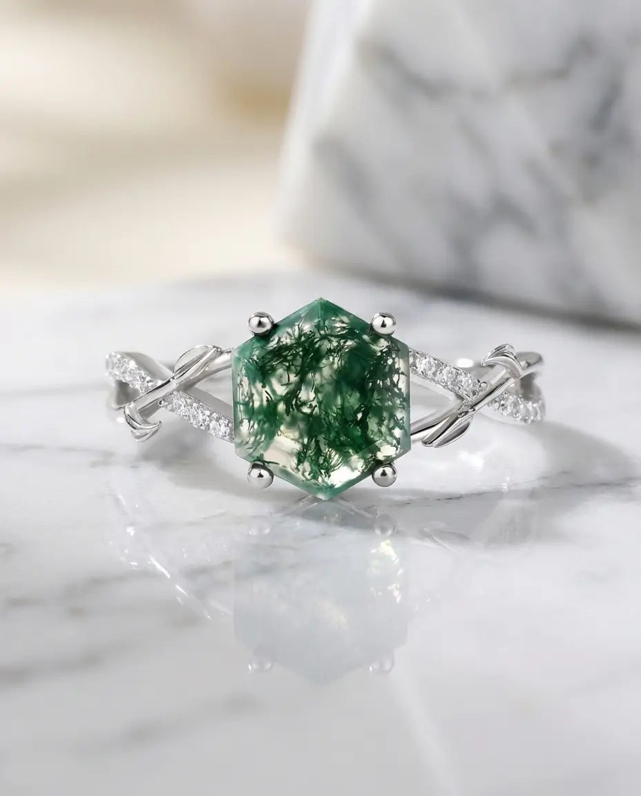 Hexagon Moss Agate Ring - Sterling Silver Vine & Leaf Design IfShe AU