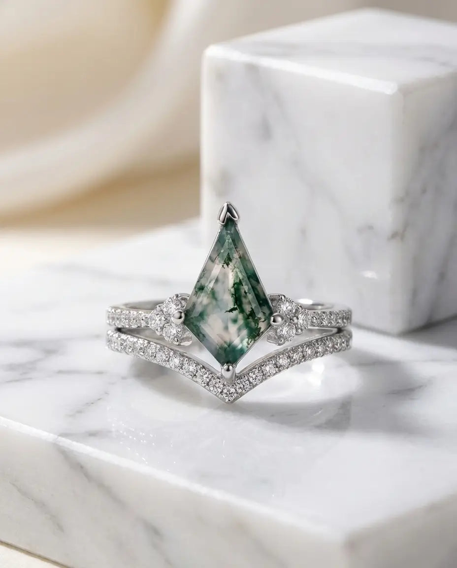 Kite-Cut Moss Agate Bridal Set - Chevron Stacking Ring in Silver or Gold IfShe AU