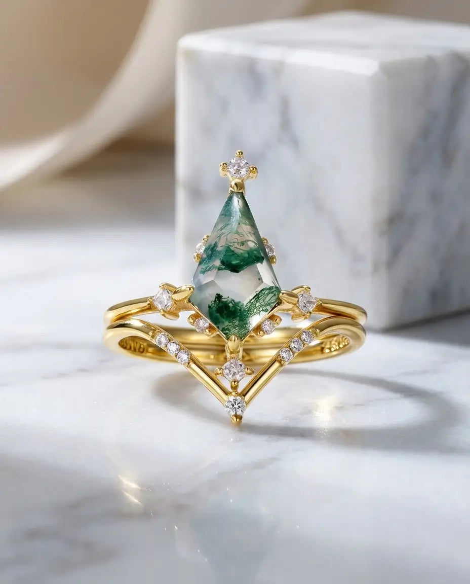 Kite-Cut Moss Agate Ring Set - Art Deco 10k Gold Plated Bridal Stack IfShe AU