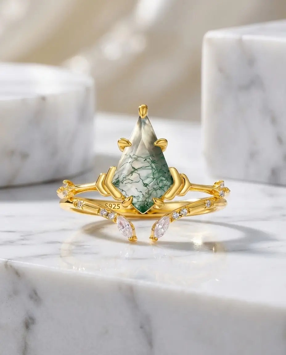 Kite-Cut Moss Agate Ring Set - Gold Plated Bridal Stack with Open Cuff Band IfShe AU