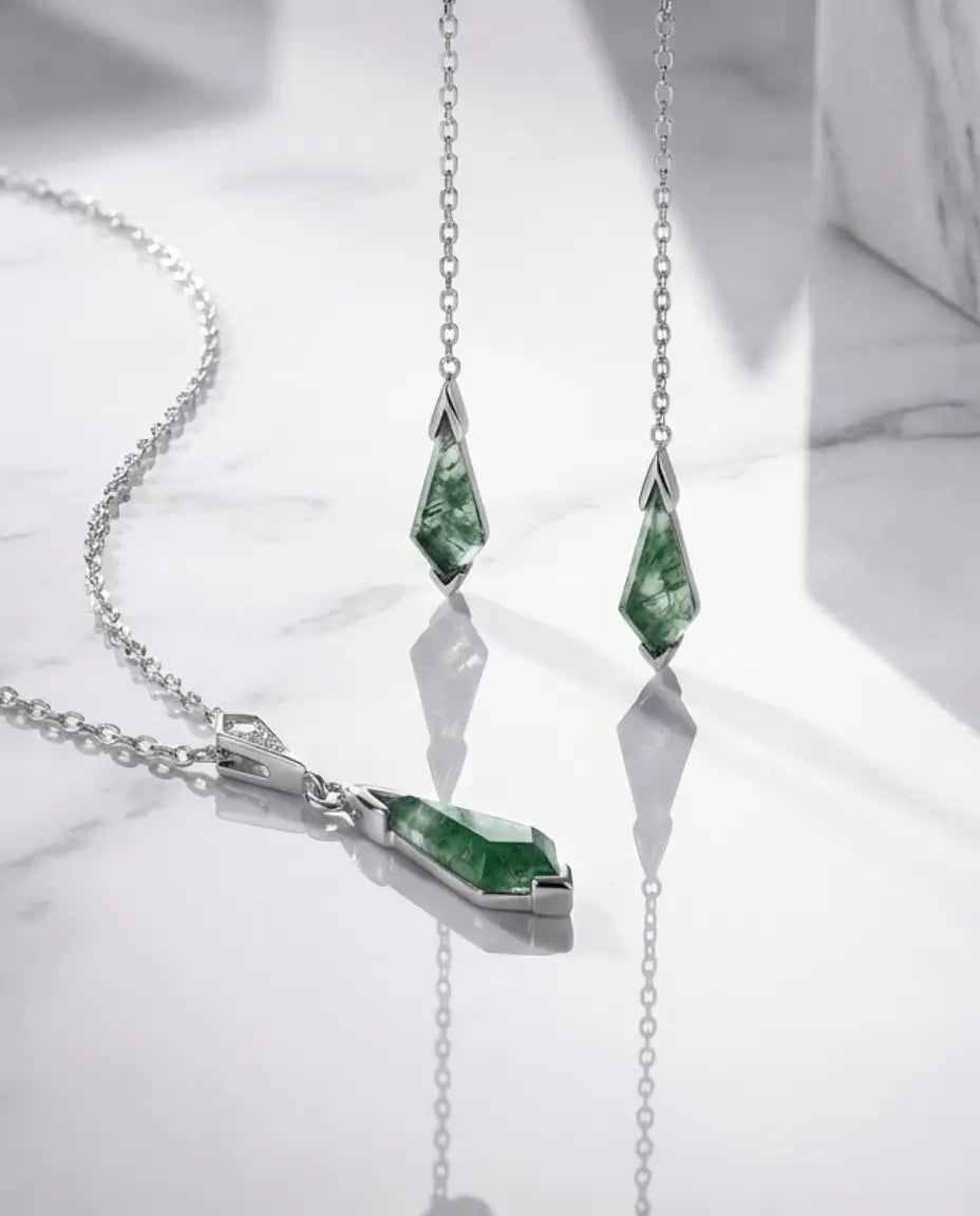 Kite-Cut Moss Agate Jewellery Set - Sterling Silver Necklace & Drop Earrings IfShe AU
