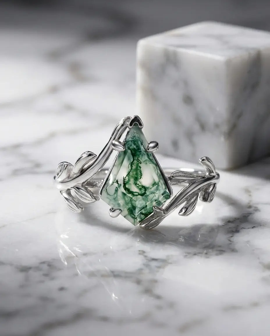Kite-Cut Moss Agate Ring - Vintage Leaf Design in White Gold Plated Silver IfShe AU