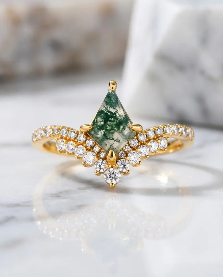 Kite-Shaped Moss Agate Ring - Vintage Style Silver & Gold Vermeil IfShe AU