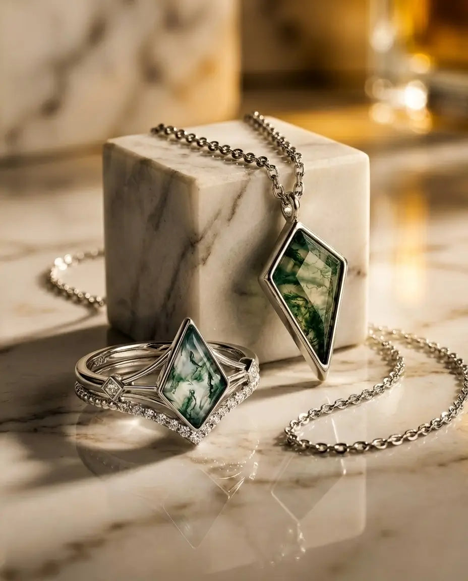 Kite Cut Moss Agate Jewellery Set - Vintage Sterling Silver Ring & Necklace Bundle IfShe AU