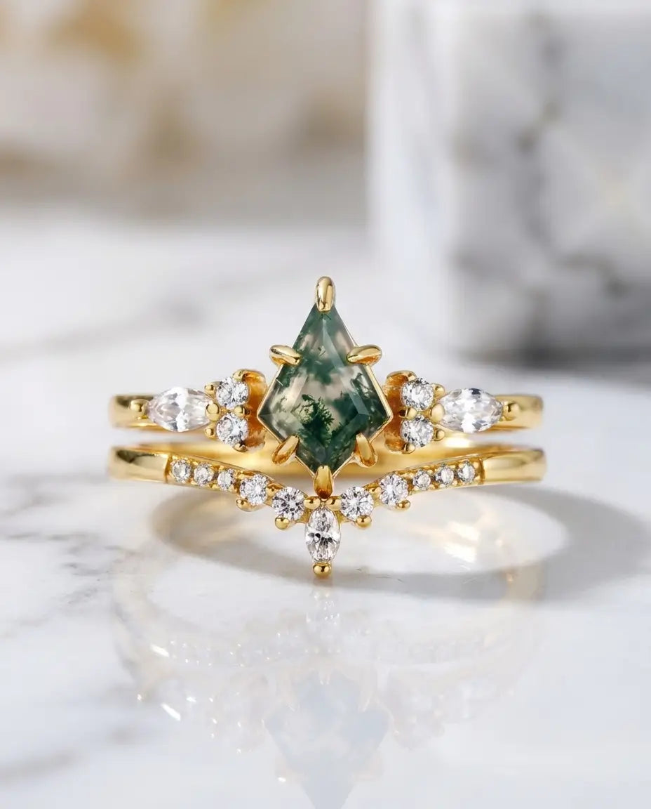 Kite Moss Agate Bridal Ring Set - Vintage Style Nesting Bands in Sterling Silver IfShe AU