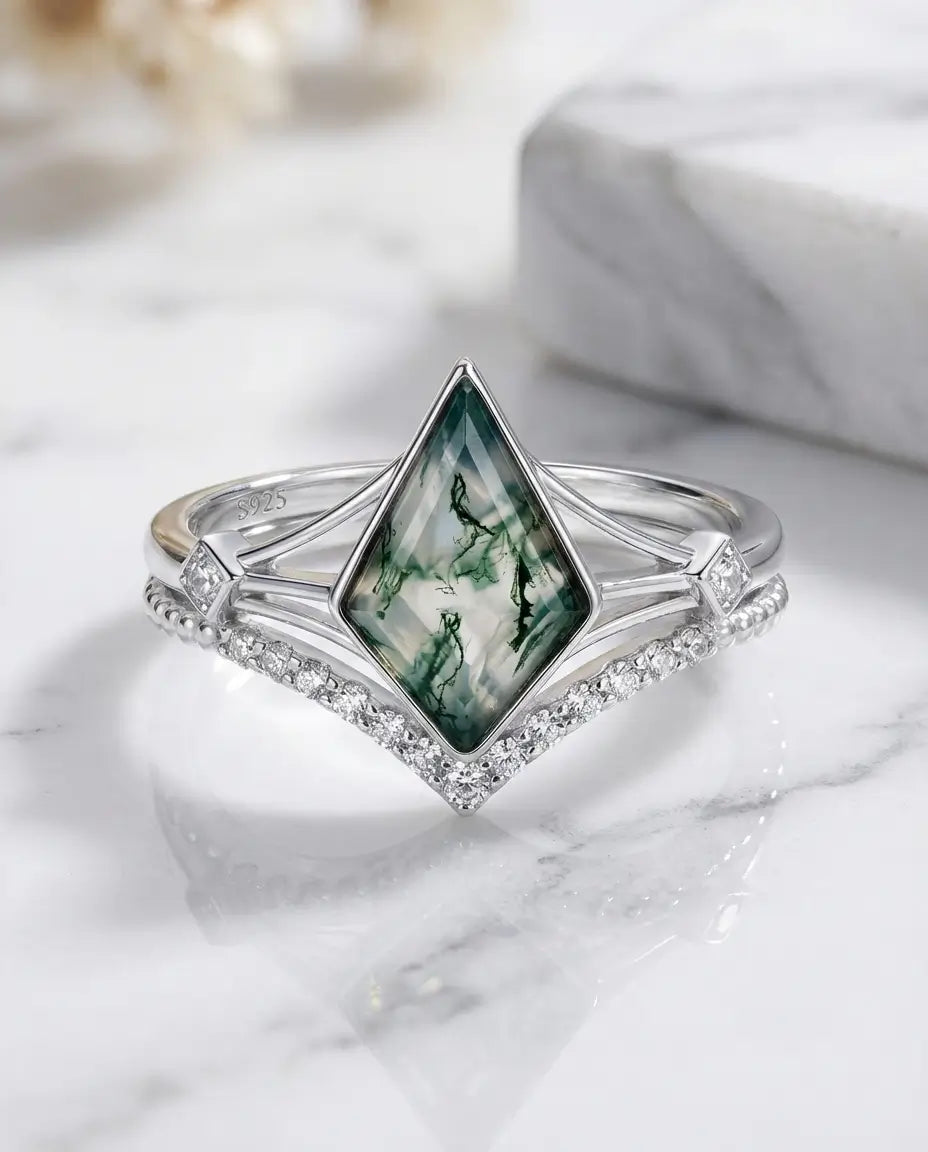 Kite Moss Agate Ring Set - Vintage Style Sterling Silver Bridal Stack IfShe AU