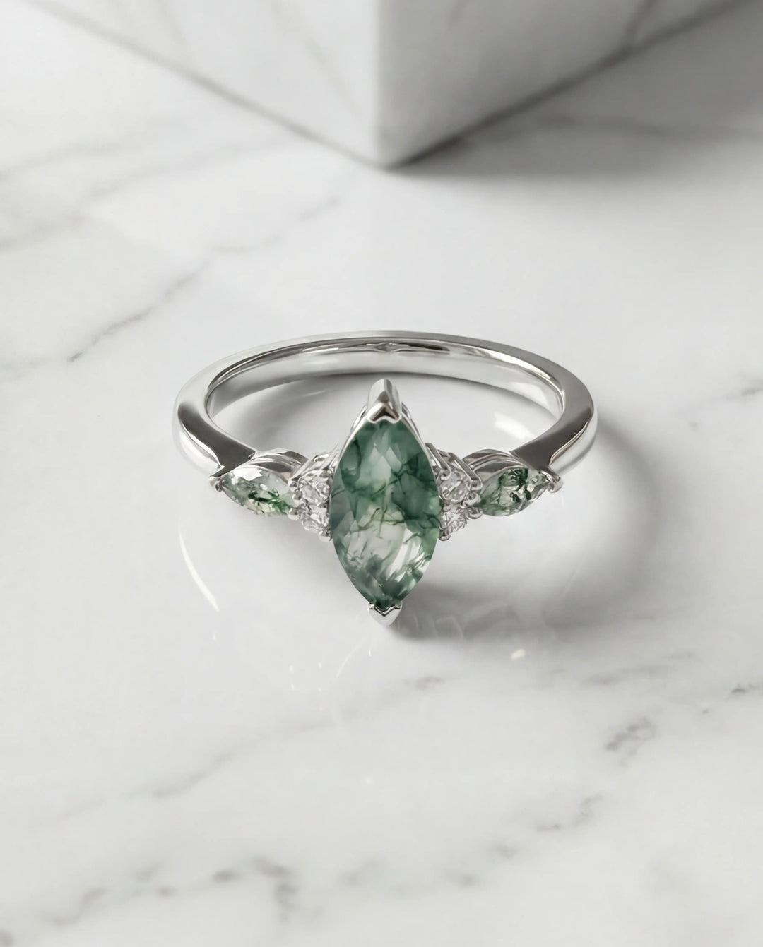 Marquise Moss Agate Ring - Sterling Silver Nature Leaf Band IfShe AU