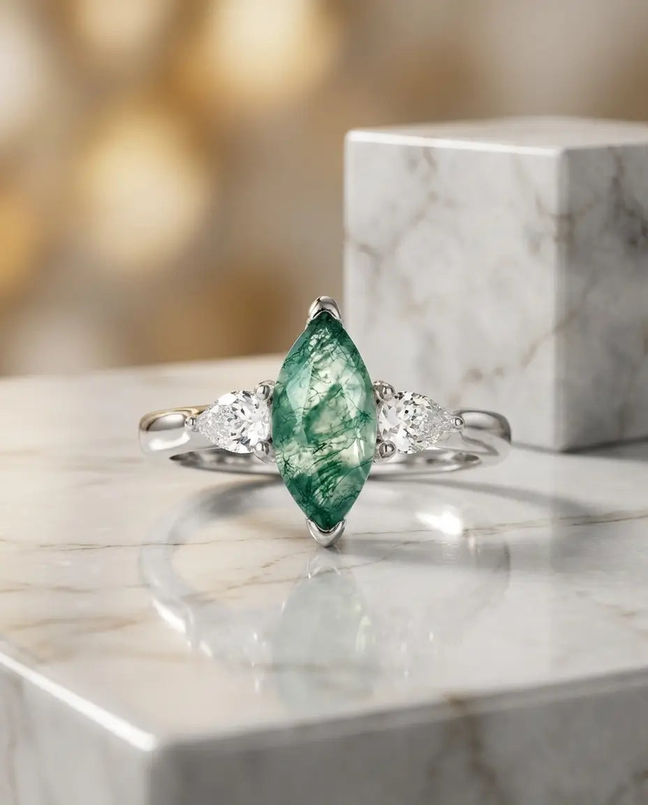Marquise Moss Agate Ring - Vintage Three-Stone Design in White Gold Plated Silver IfShe AU