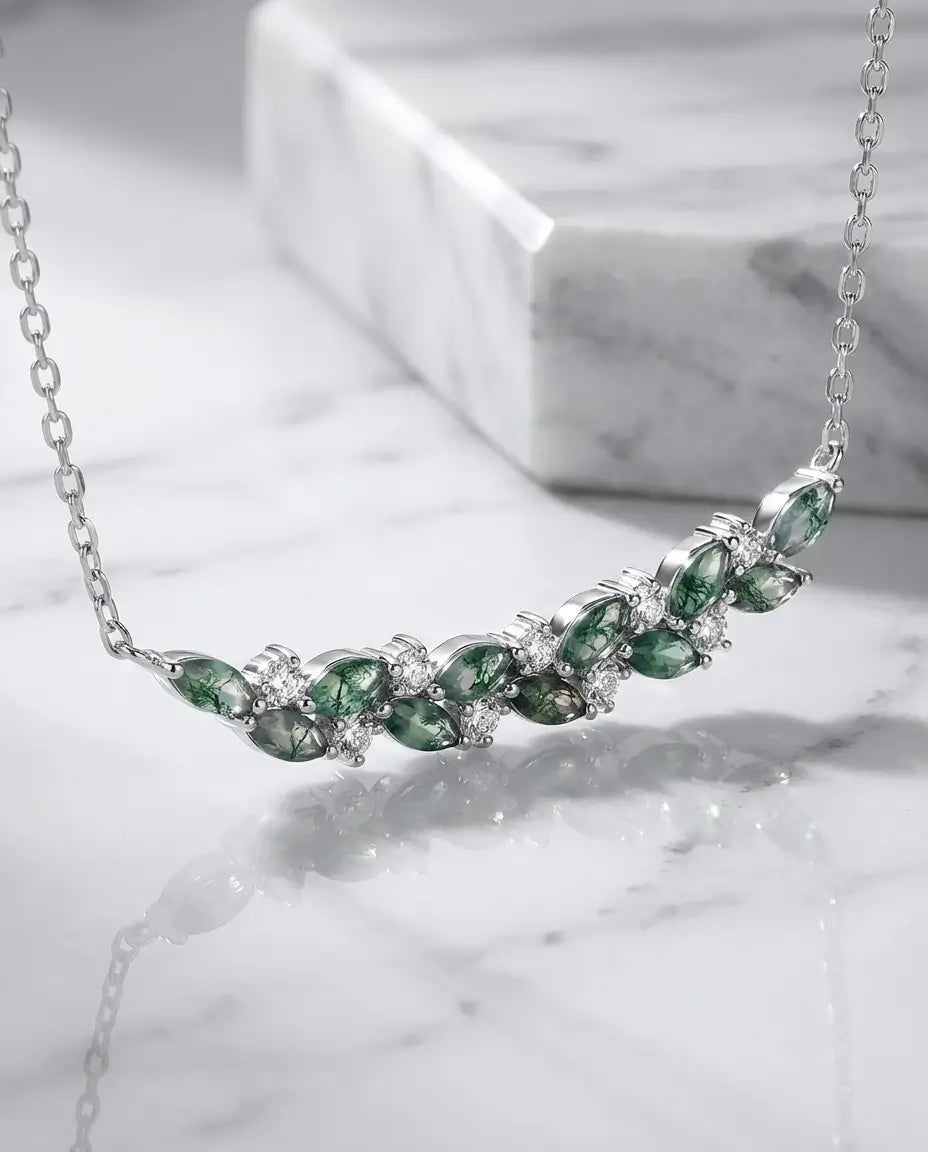 Moss Agate Leaf Bar Necklace - Sterling Silver Marquise Gemstone Pendant IfShe AU