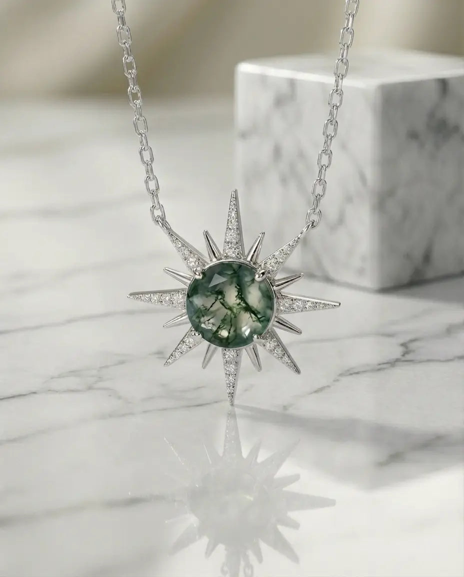 Moss Agate North Star Necklace - Sterling Silver Celestial Pendant IfShe AU
