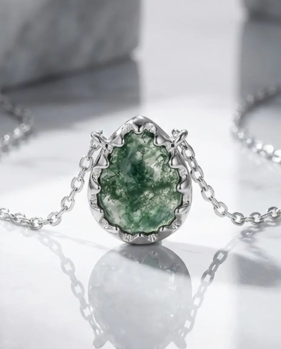 Natural Moss Agate Teardrop Necklace - Sterling Silver Pendant IfShe AU