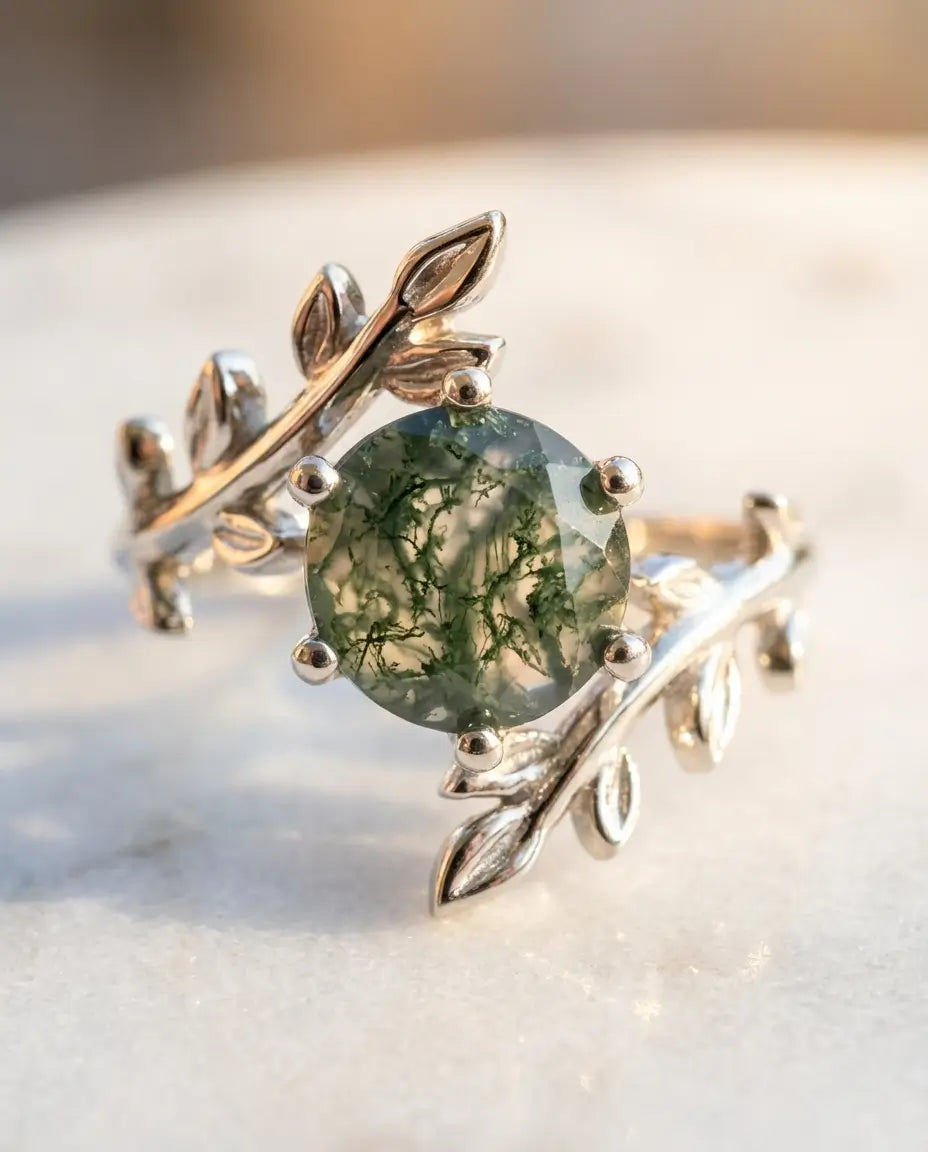 Nature-Inspired Leaf Moss Agate Ring - Sterling Silver Branch Solitaire IfShe AU