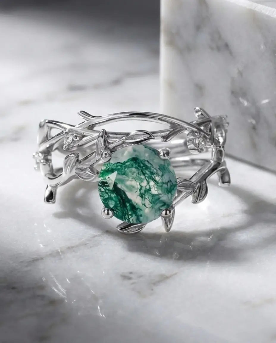 Nature-Inspired Moss Agate Ring Set - Adjustable Twig Design in Sterling Silver IfShe AU