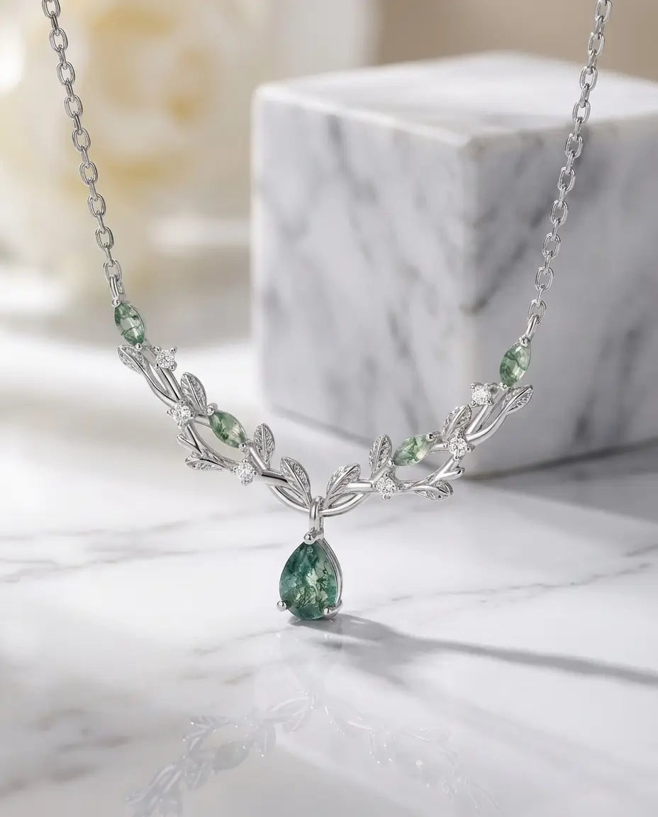 Nature-Inspired Pear Cut Moss Agate Necklace - Silver Vine & Leaf Pendant IfShe AU