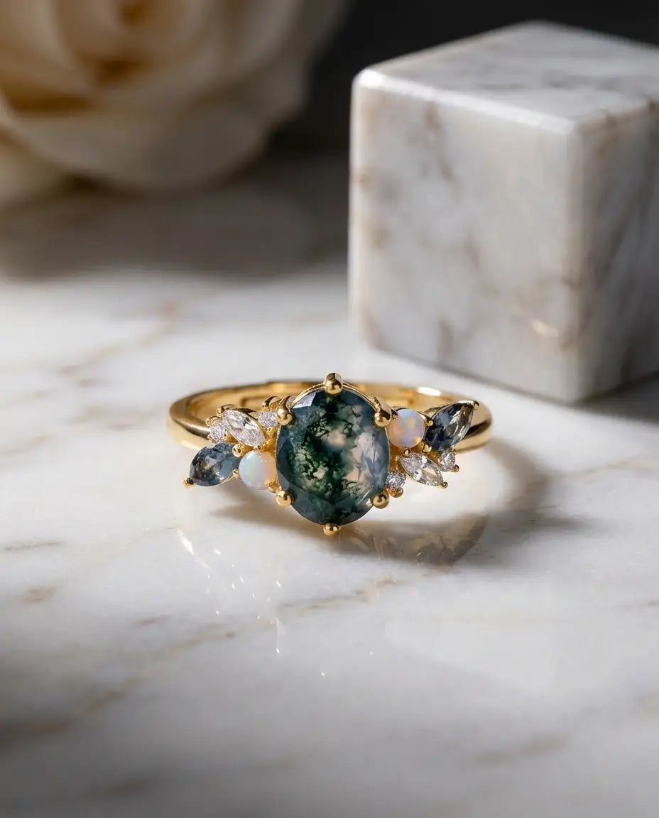 Oval Moss Agate & Opal Cluster Ring - Adjustable Gold Plated Vintage Design - IfShe AU