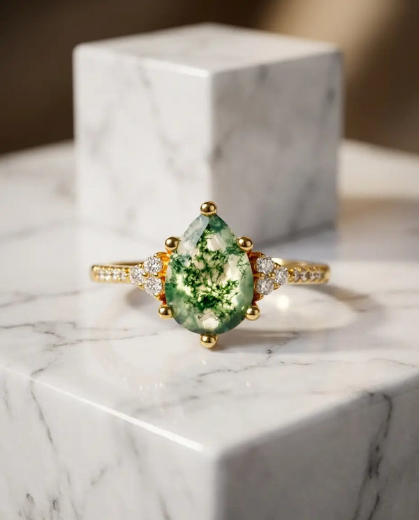 Pear-Shaped Moss Agate Ring - Pave Shoulder Teardrop Design in Silver or Gold IfShe AU