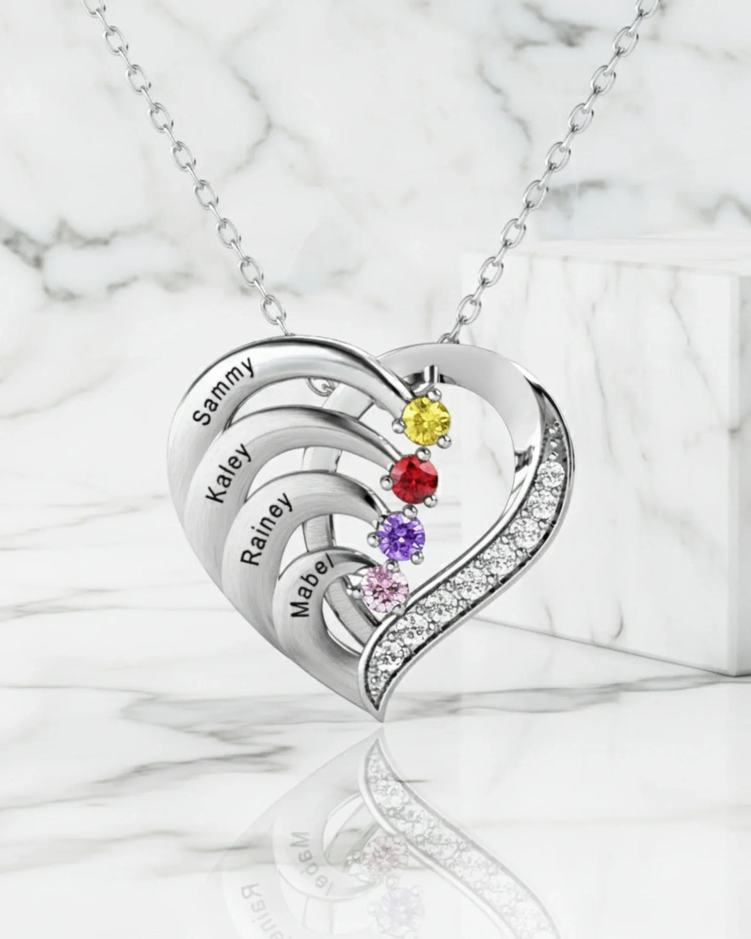 Personalised 4-Name Engraved Heart Necklace with Birthstones in Sterling Silver