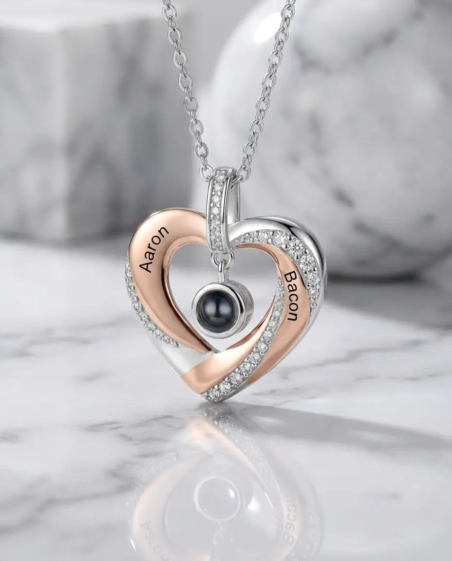 Personalised Engraved Heart Photo Projection Necklace - Two-Tone Name Pendant IfShe AU