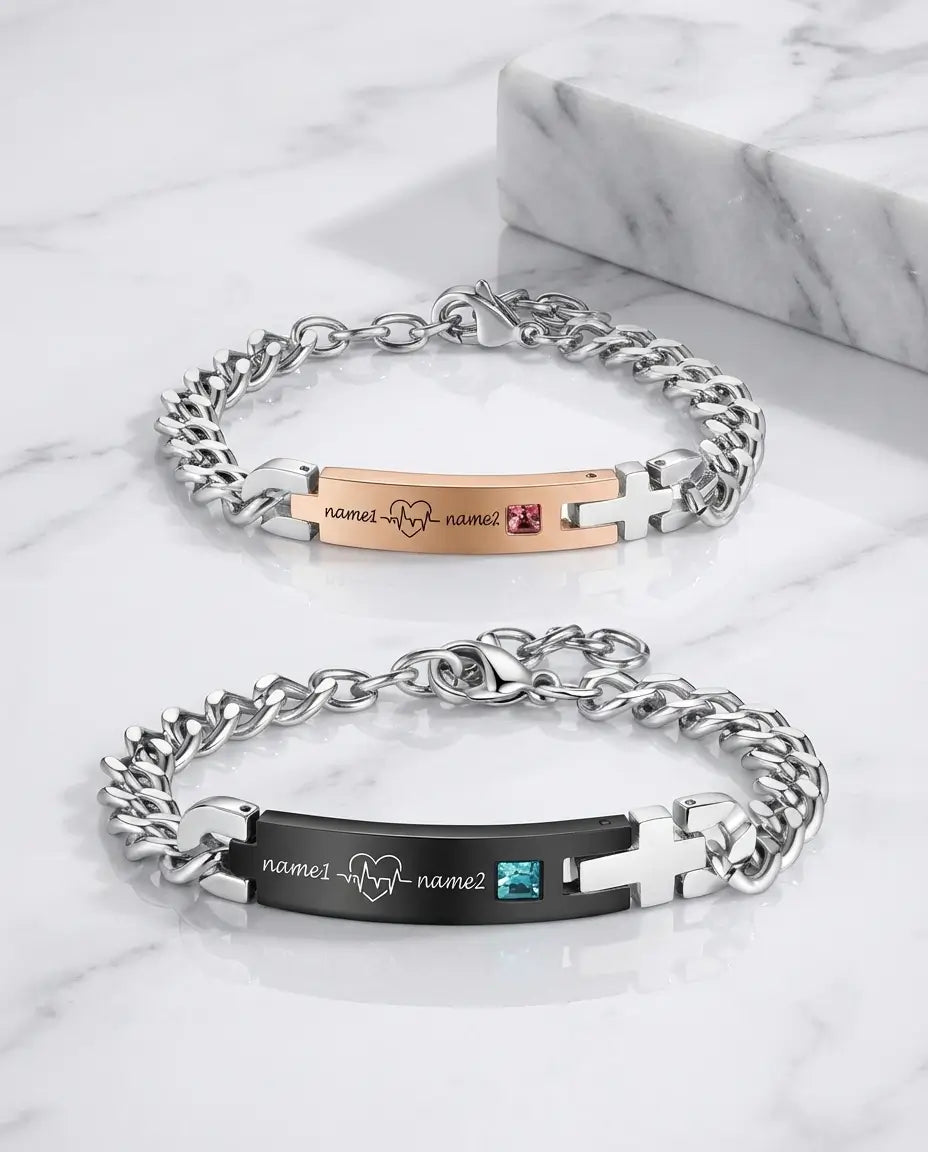 Personalised Heartbeat Couple Bracelets - Matching ID Bar Set with Birthstones IfShe AU