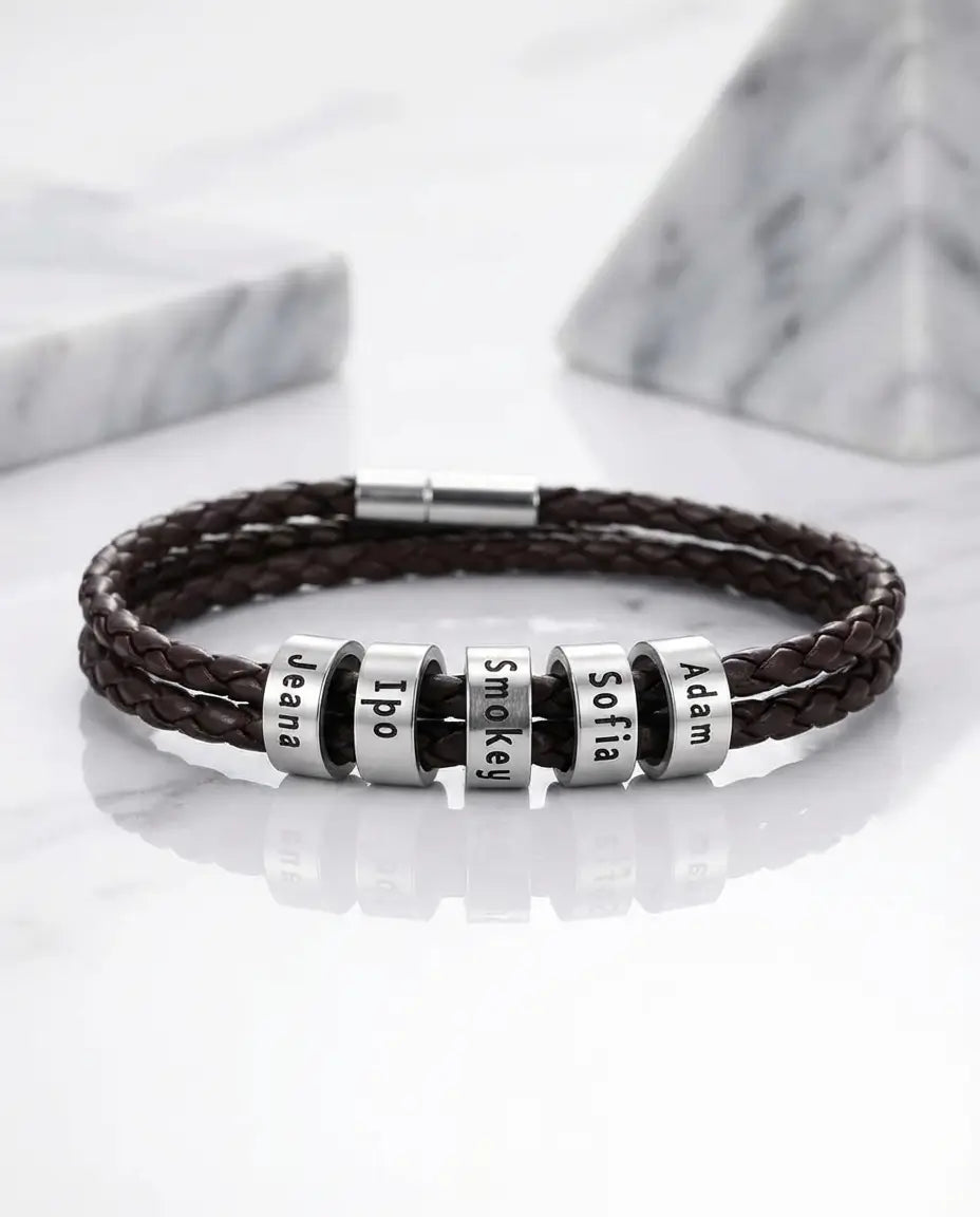 Personalised Men's Braided Leather Bracelet with Engraved Silver Beads IfShe AU