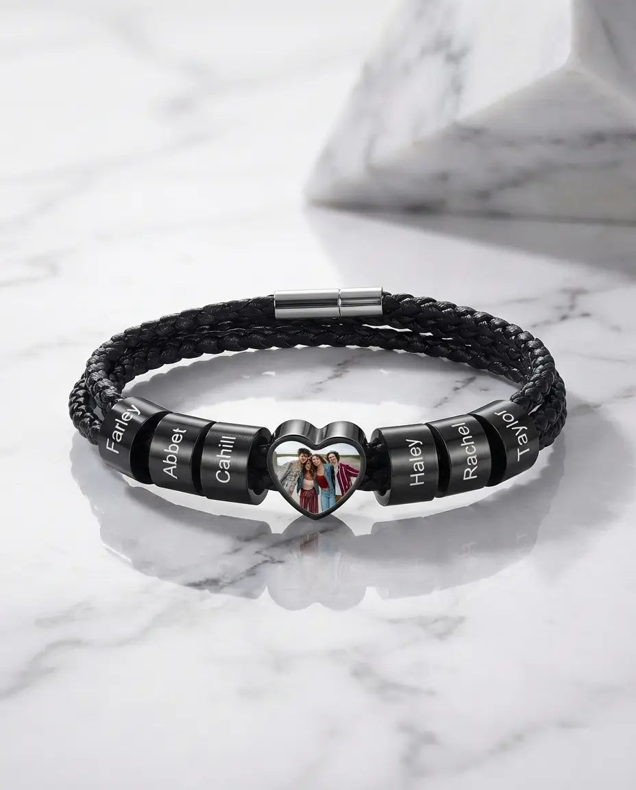 Personalised Men's Heart Photo Bracelet with Engraved Family Beads IfShe AU