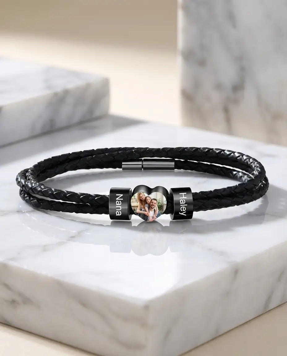 Personalised Men's Leather Bracelet with Photo Heart & 2 Engraved Beads IfShe AU