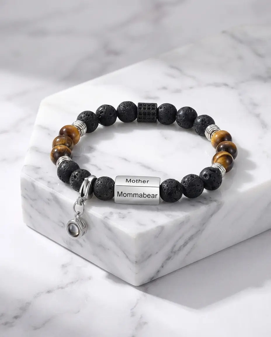 Personalised Tiger's Eye & Lava Rock Photo Projection Bracelet - Detachable Charm IfShe AU