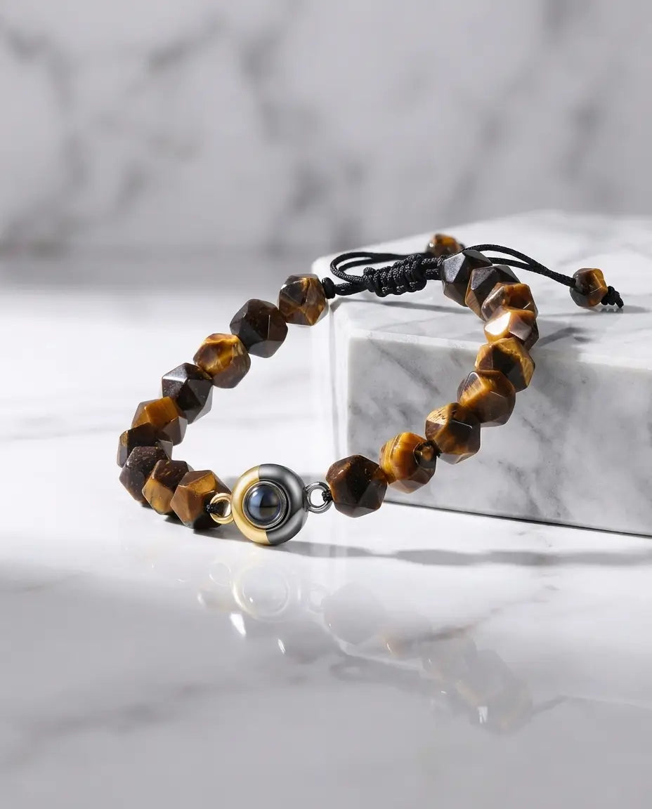 Personalised Tiger's Eye Photo Projection Bracelet - Unisex Beaded Bangle IfShe AU