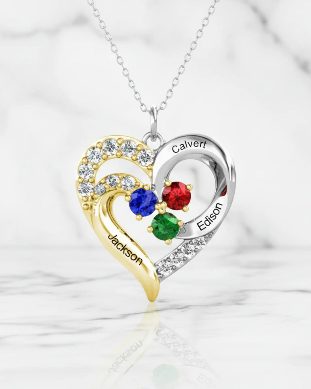 Personalised Two-Tone Heart Pendant: Engraved Names & Family Birthstones, Sterling Silver Gift for Mum IfShe AU
