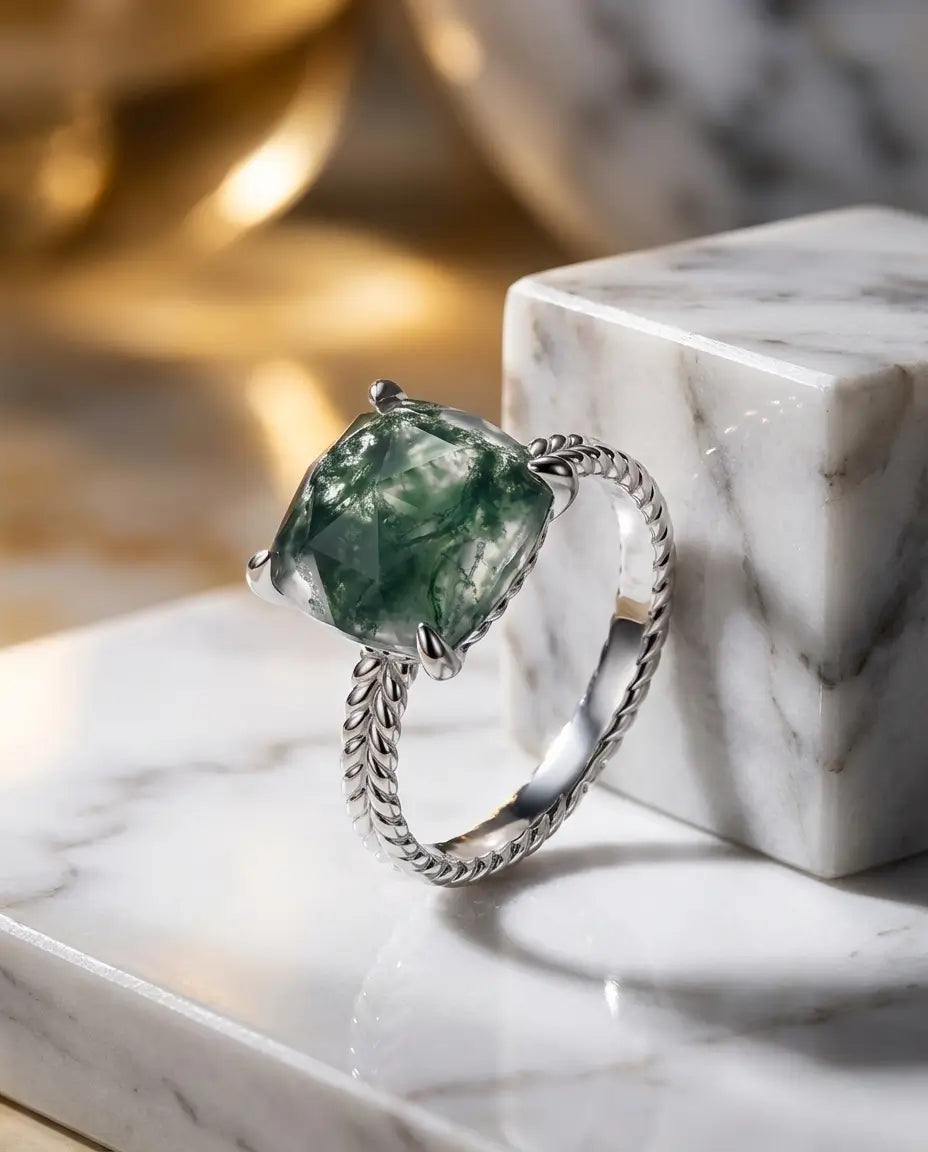 Statement Cushion Cut Moss Agate Ring - Twisted Rope Band in Sterling Silver IfShe AU