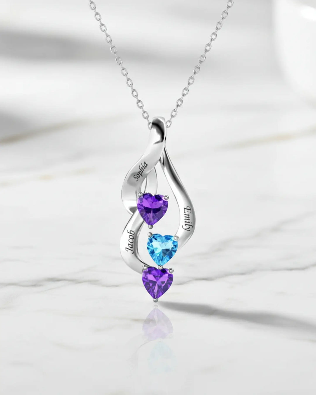 Sterling Silver Personalised Mum Necklace with 3 Engraved Names & Heart Birthstones IfShe AU