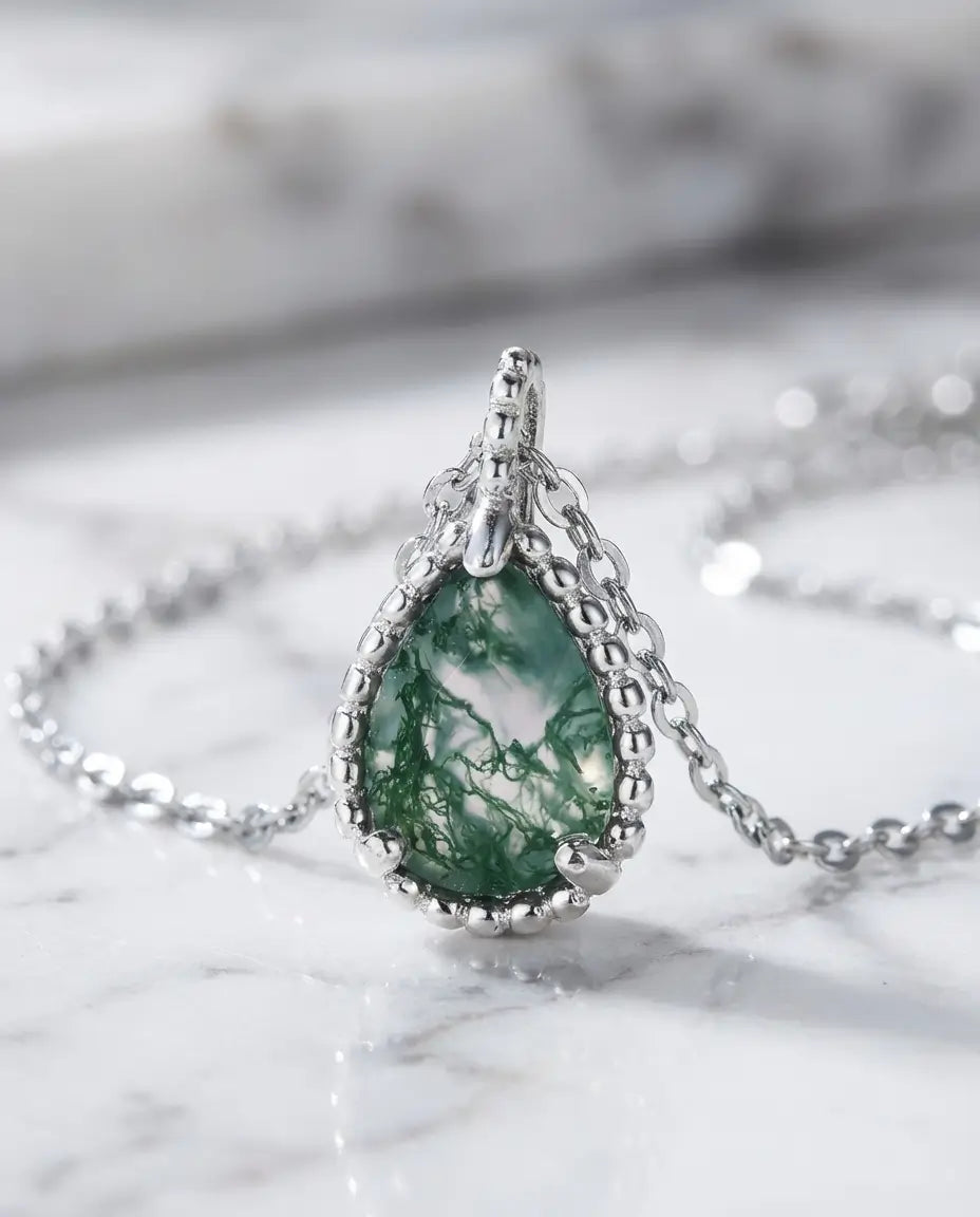 Teardrop Moss Agate Necklace - Sterling Silver Nature Pendant IfShe AU