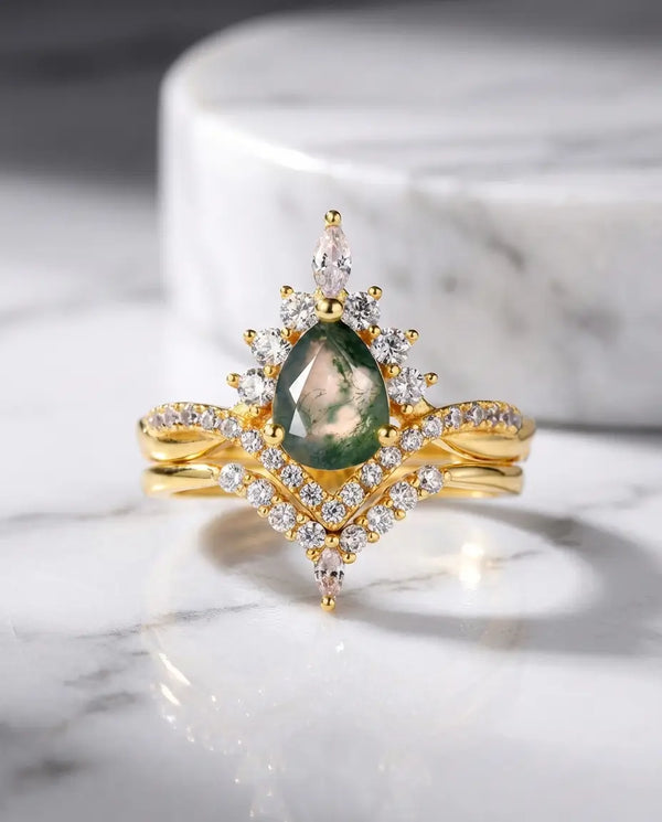 Vintage Pear Moss Agate Bridal Set - Sunburst Crown Ring with Nesting Band IfShe AU