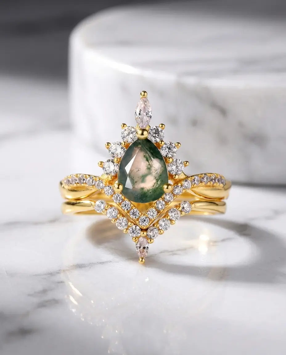 Vintage Pear Moss Agate Bridal Set - Sunburst Crown Ring with Nesting Band IfShe AU