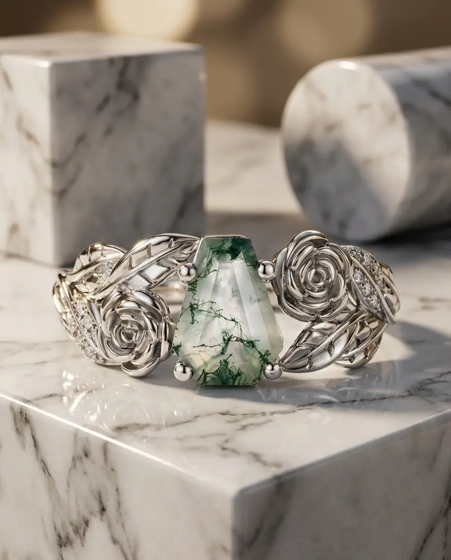 Vintage Coffin Cut Moss Agate Ring - Sterling Silver Rose & Leaf Design IfShe AU