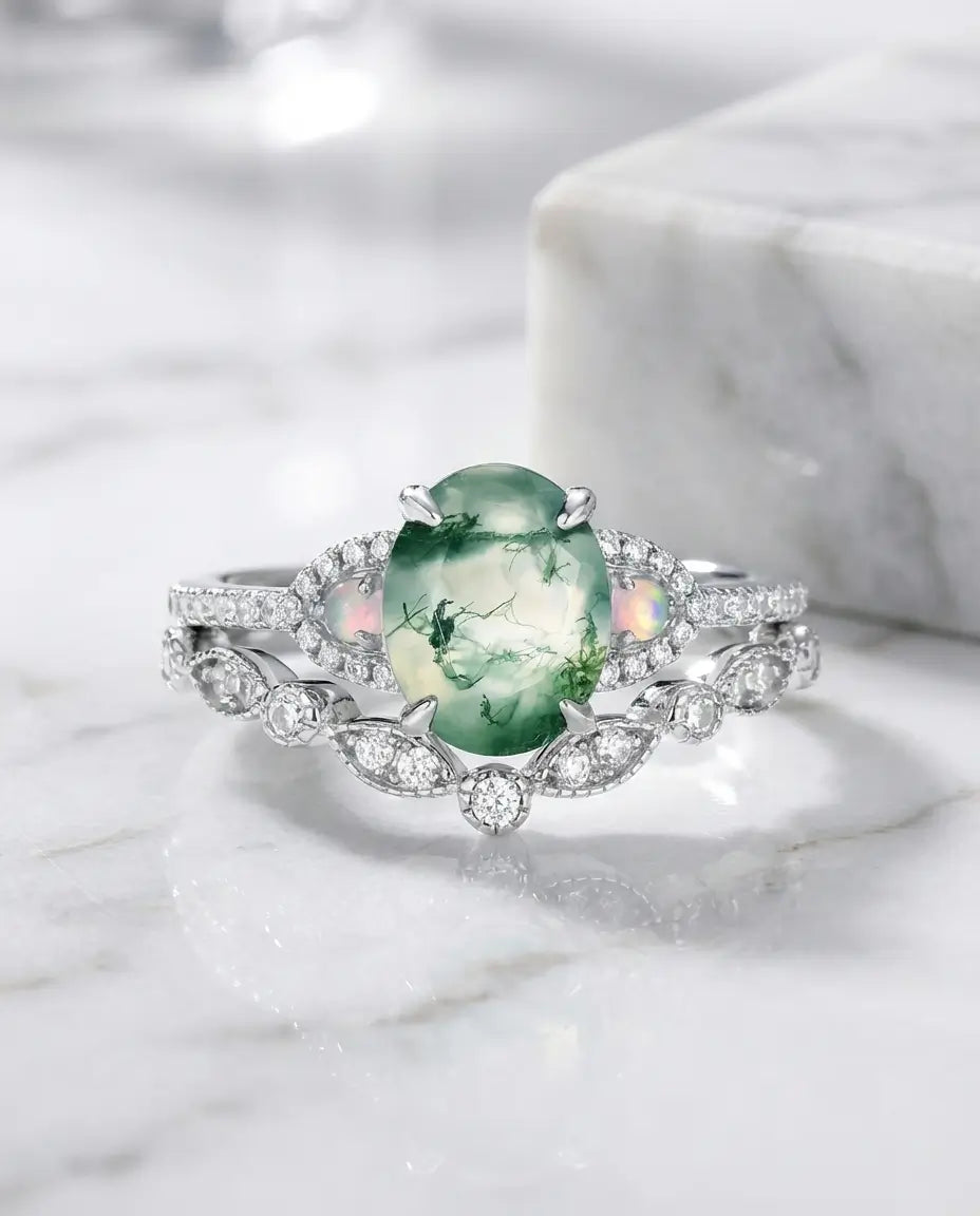 Vintage Oval Moss Agate & Opal Bridal Ring Set - Sterling Silver IfShe AU