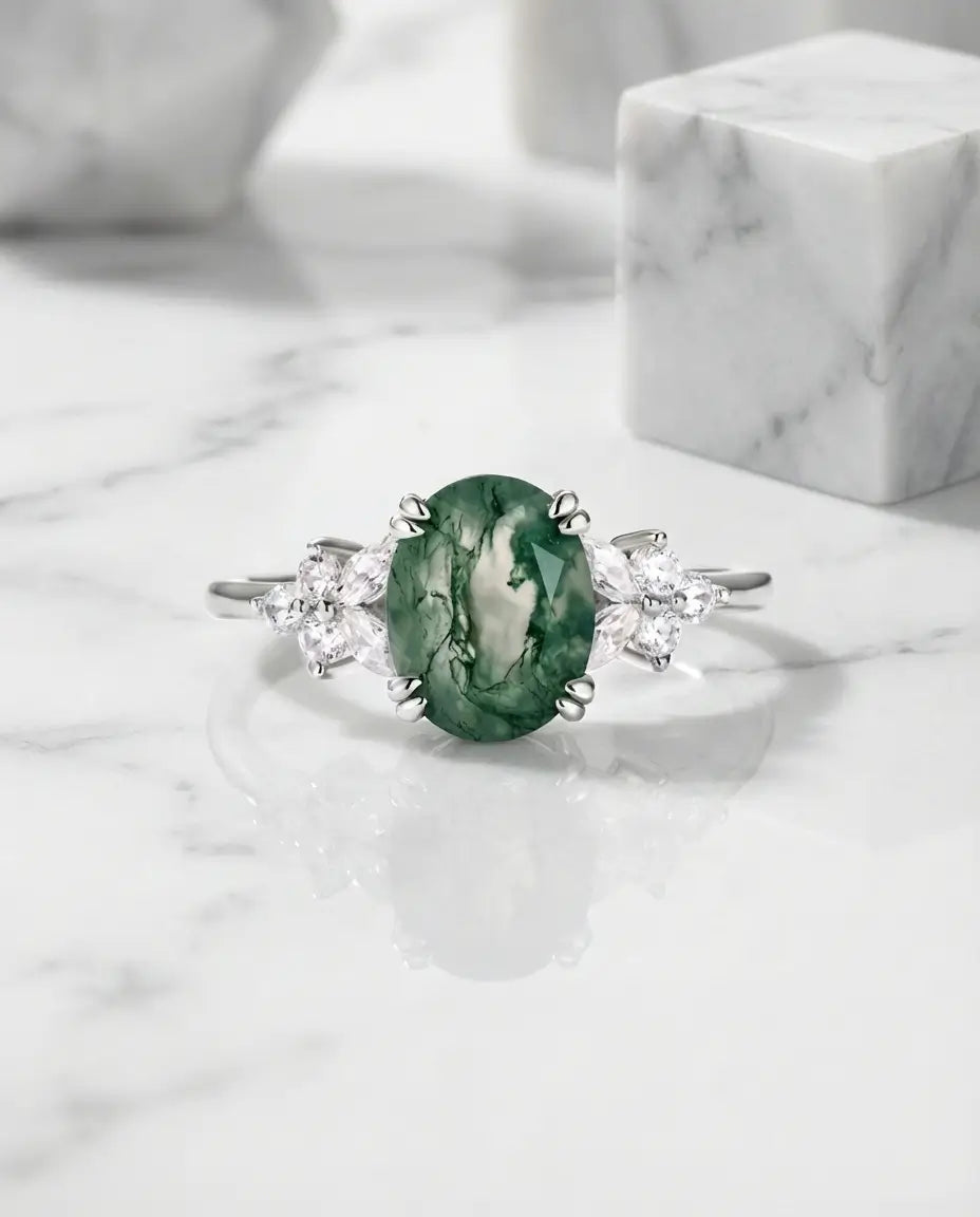 Vintage Style Oval Moss Agate Ring - Sterling Silver Nature-Inspired Band IfShe AU