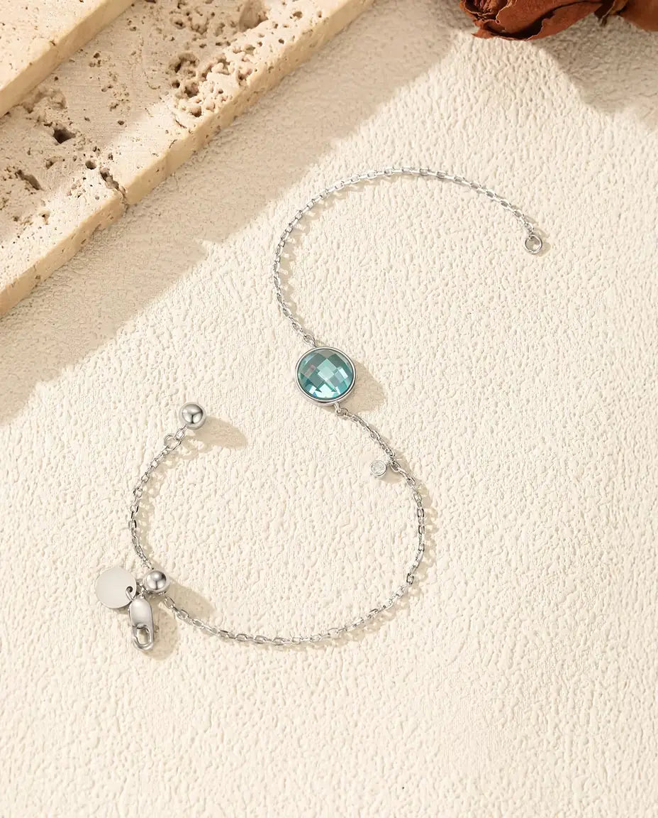 Blue Stone Bolo Bracelet for Women - 8 mm Checkerboard Cut Zirconia on an Adjustable Slider Chain, 925 Sterling Silver