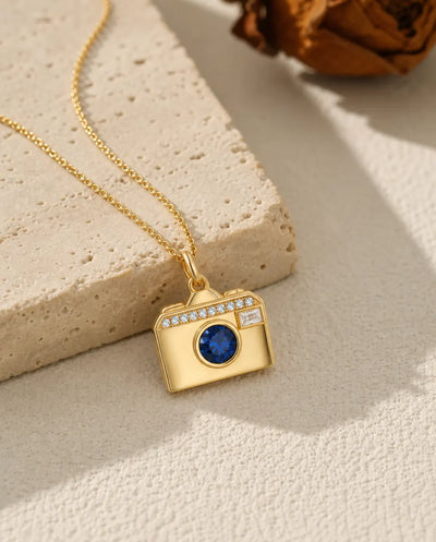 Personalised Camera Photo Locket Necklace That Holds 2 Pictures, Engraved Birthstone Camera Locket in Gold or Silver, Photographer Gift
