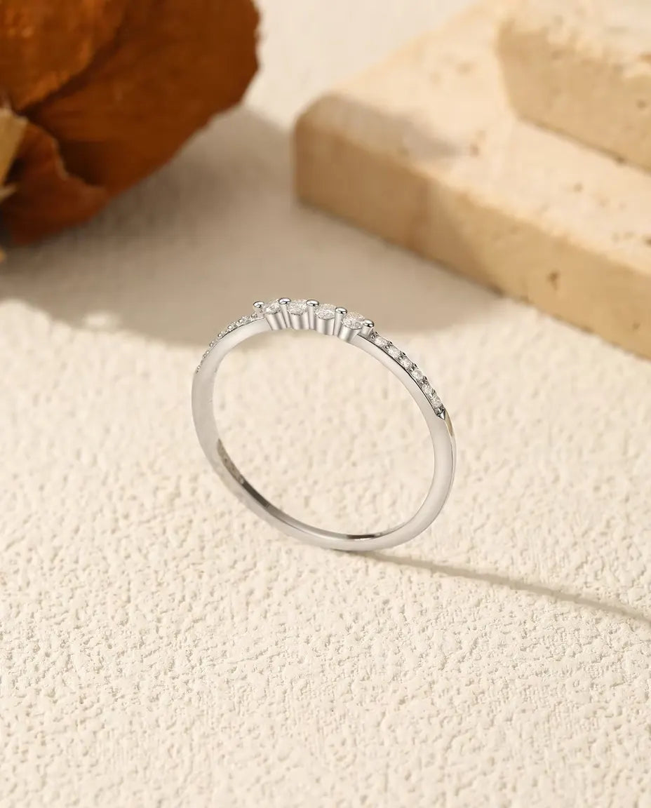 Curved Moissanite Wedding Band - 16 Graduated Stones on a Contour Pave Curve, 925 Sterling Silver Stacking Ring, Sizes 5 to 9