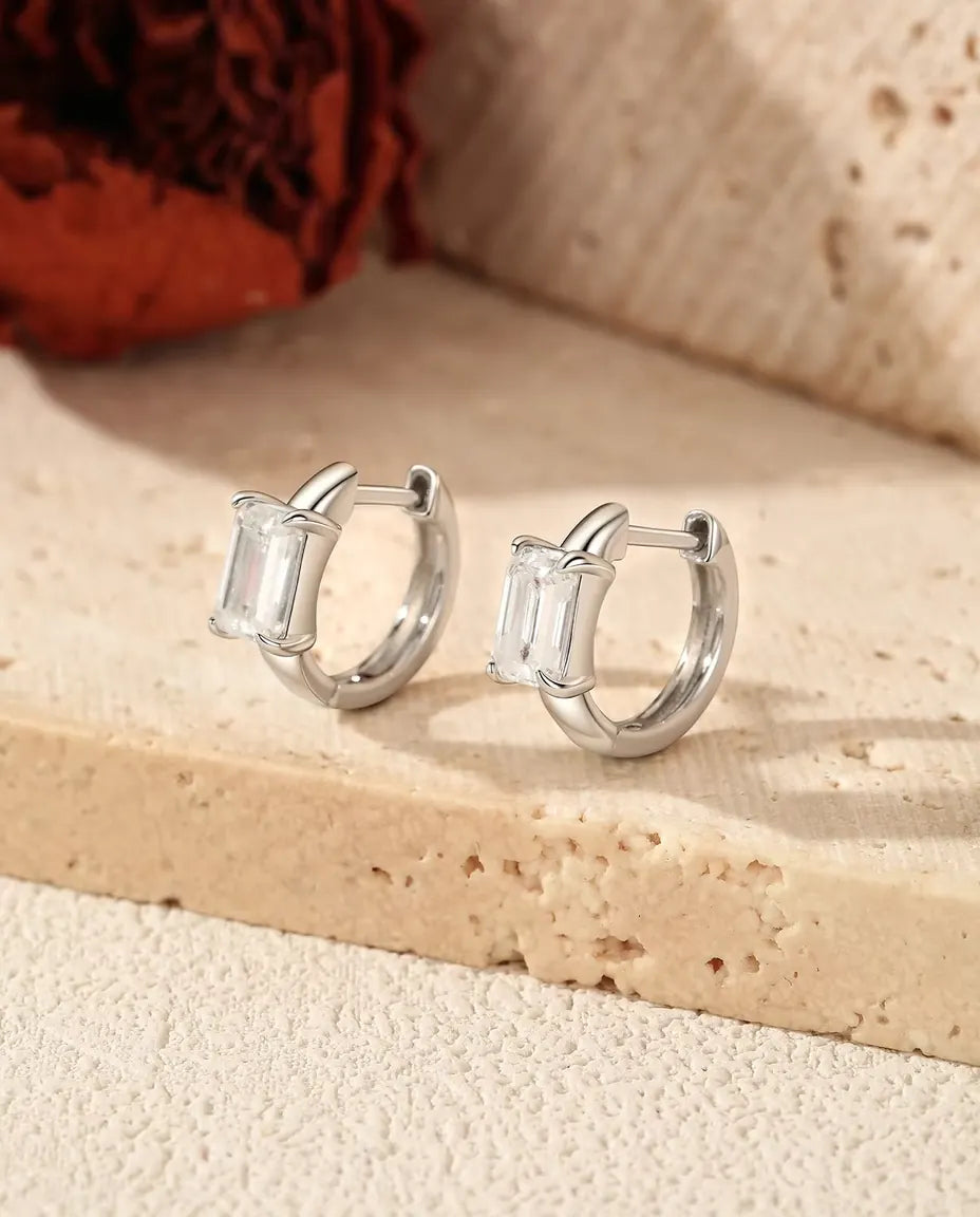 Emerald Cut Moissanite Huggie Earrings - 0.80 ct 4 x 6 mm Stones, 11.5 mm Hoops, 925 Sterling Silver