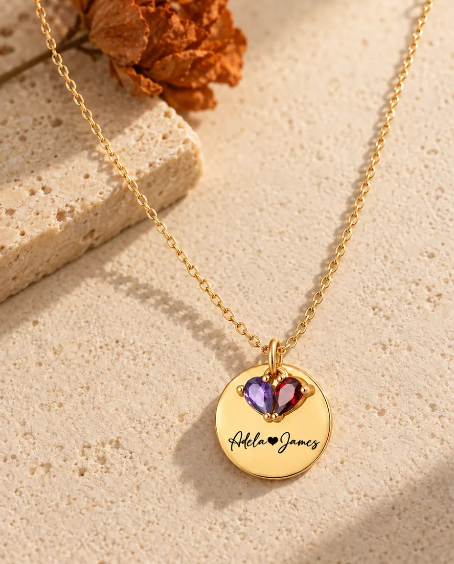Personalised Birthstone Necklace With 2 Names - Engraved Gold Disc Pendant With Two Simulated Birthstones