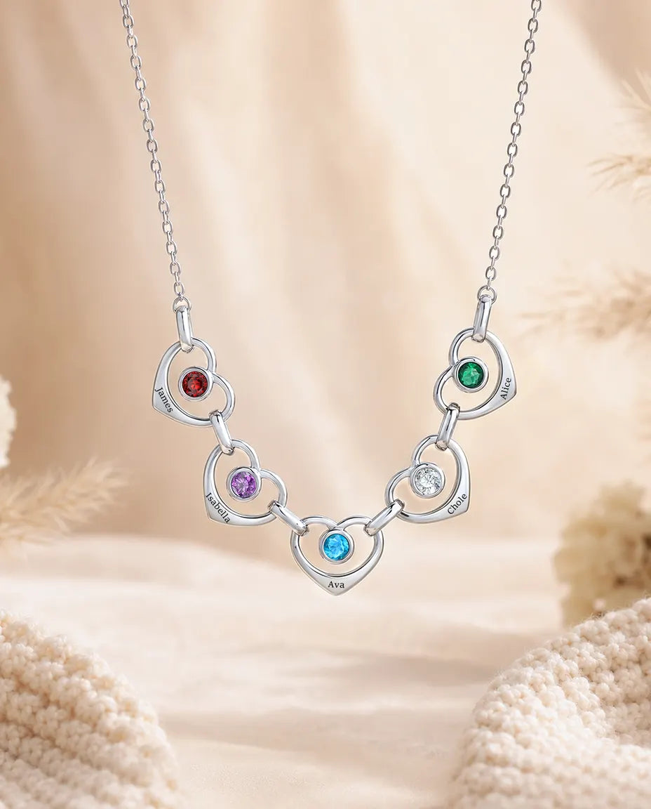 Personalised Family Birthstone Necklace With 1-6 Names - Linked Hearts With Simulated Birthstones, Silver