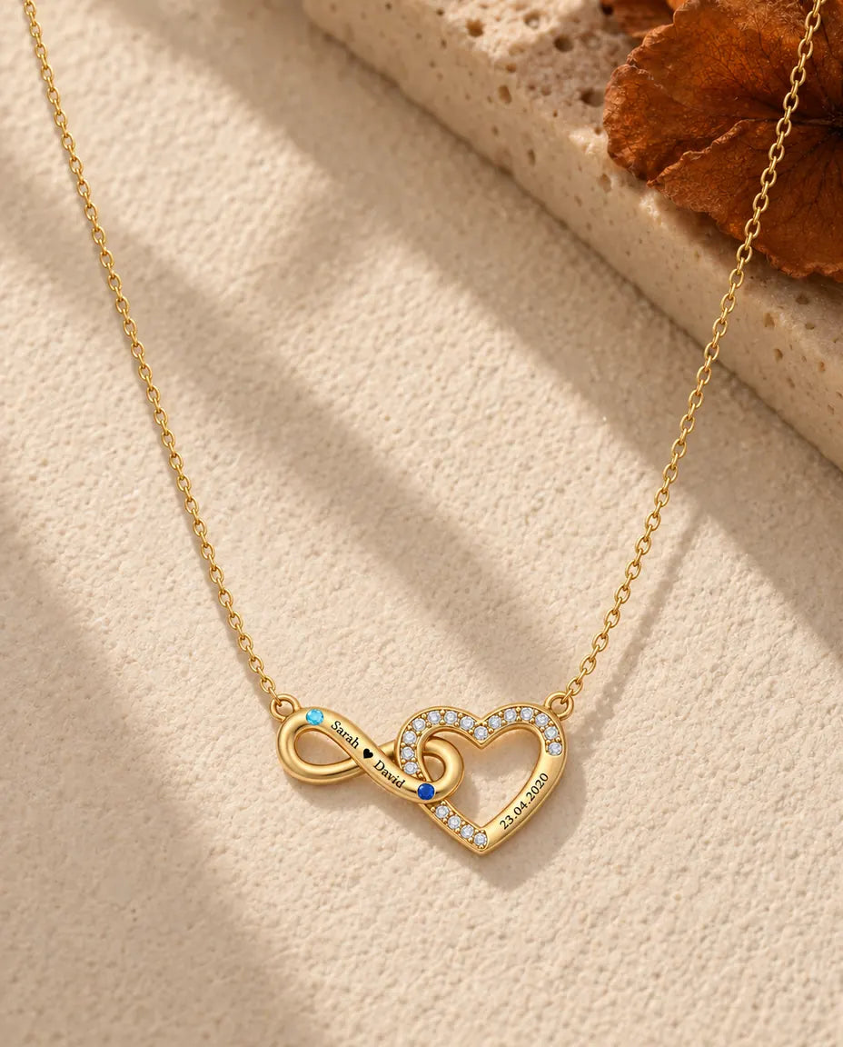 Personalised Birthstone Necklace With 2 Names And Date - Gold Infinity Heart With Two Simulated Birthstones